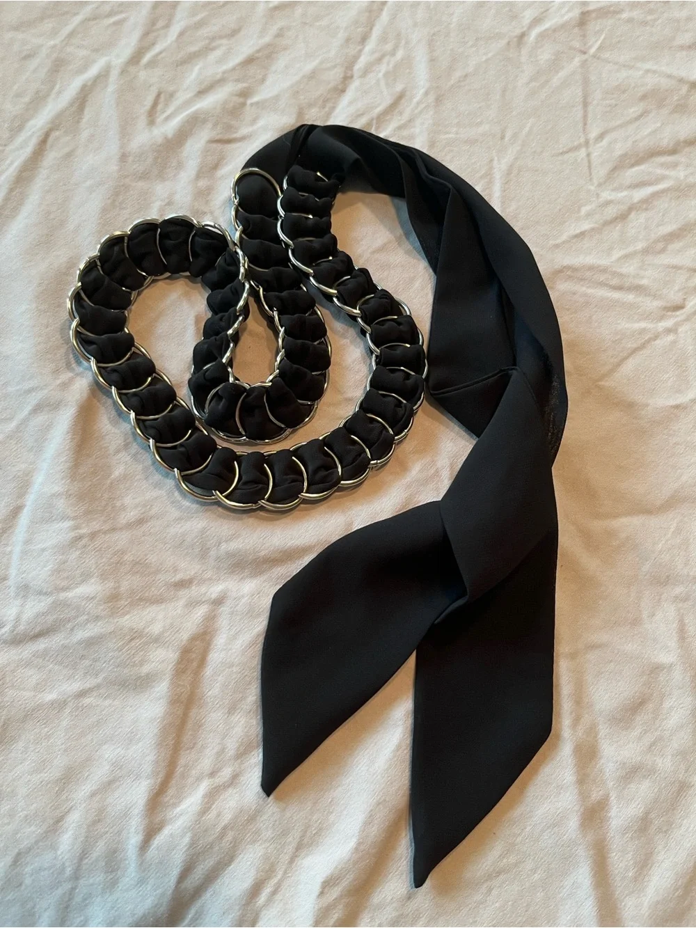 Women’s Black Y2K Scarf Belt Silver Tone Chain Ring Waist Tie OS Boho Self Tie